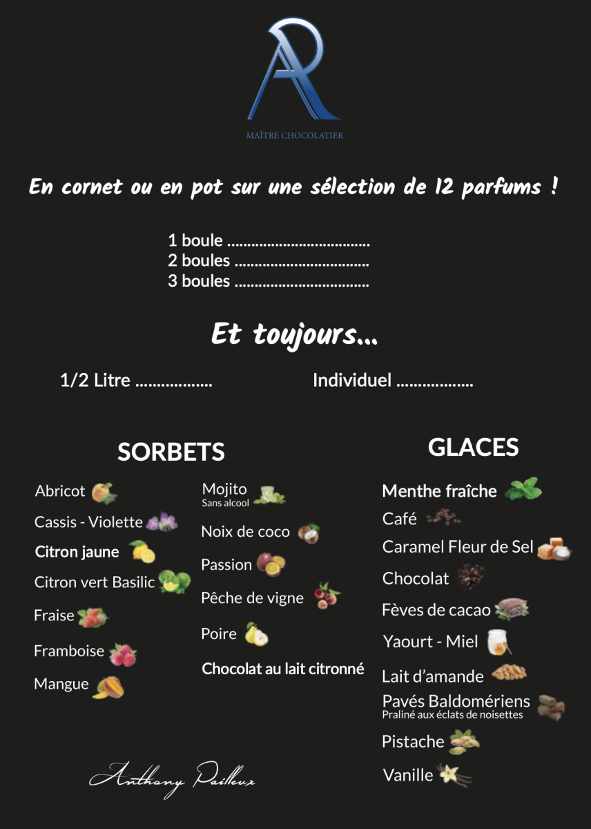 Liste de glaces et sorbets Chocolaterie AP Anthony Pailleux