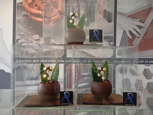 à l'occasion du 1er mai, venez retrouver le muguet en chocolat garni de pralinée noisette, Saint-Galmier, Anthony Pailleux, Maître Chocolatier 