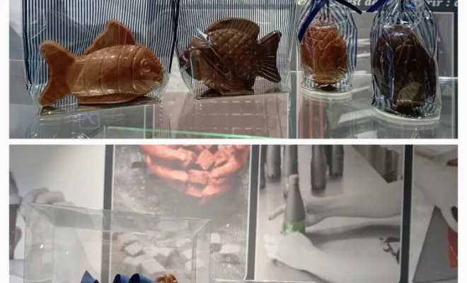 Poisson, petite poule, moyenne poule, œuf, œuf jardin, chocolat au lait ou noir, garniture assortie